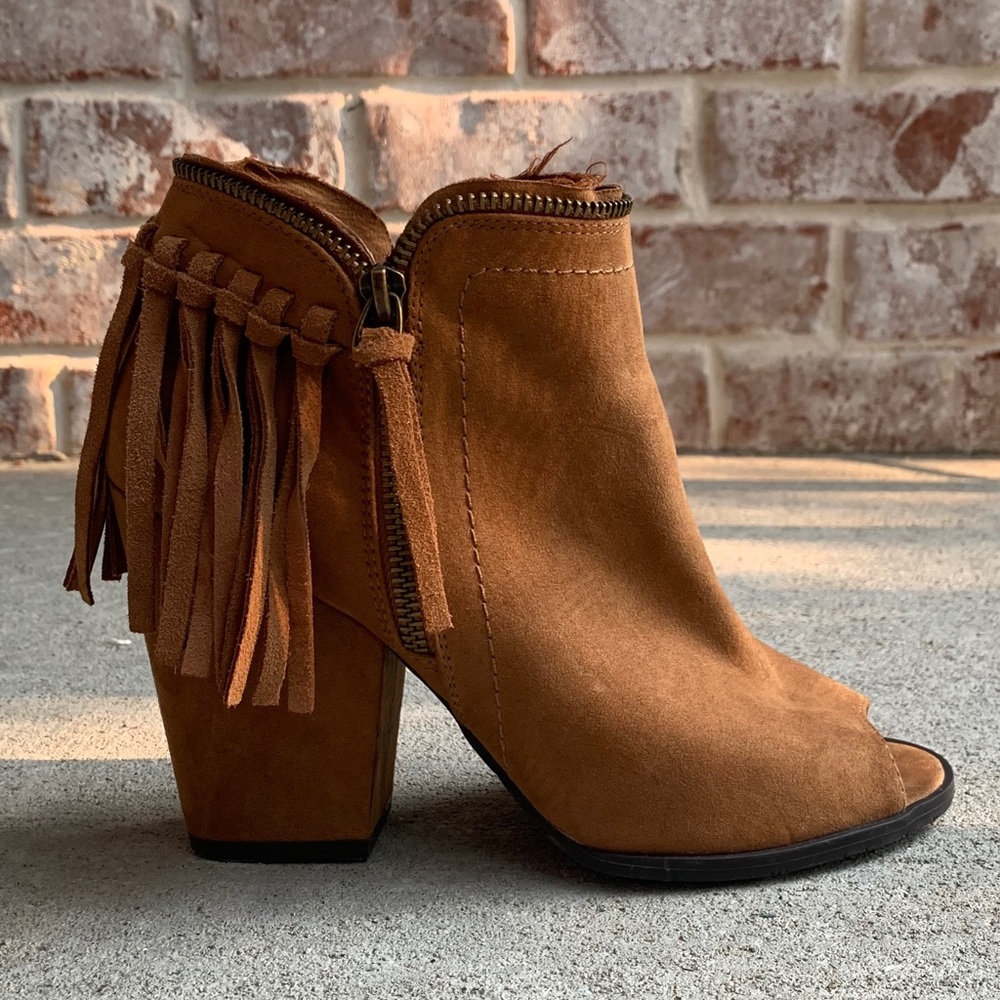 Tan Leather Open Toed Booties with Fringe